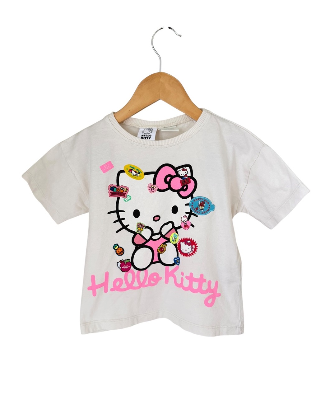 Zara Hello Kitty White Tee with Pink Script and Character Graphic